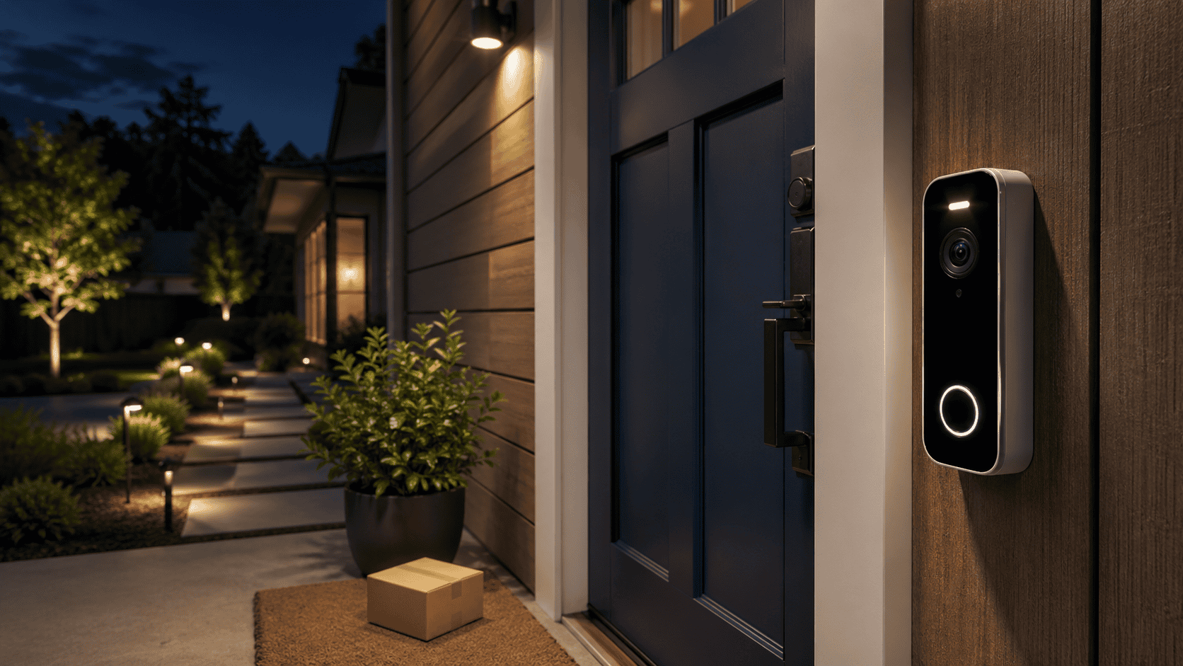 Modern video doorbell at a front entry at night with a lit porch, package on the mat, and landscaped walkway lighting.