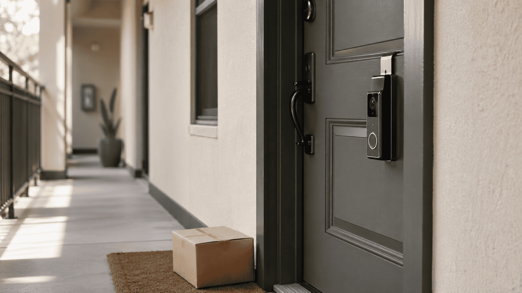 Battery-powered video doorbell mounted on an apartment door with a no-drill bracket, package on the mat, and shared hallway in the background.