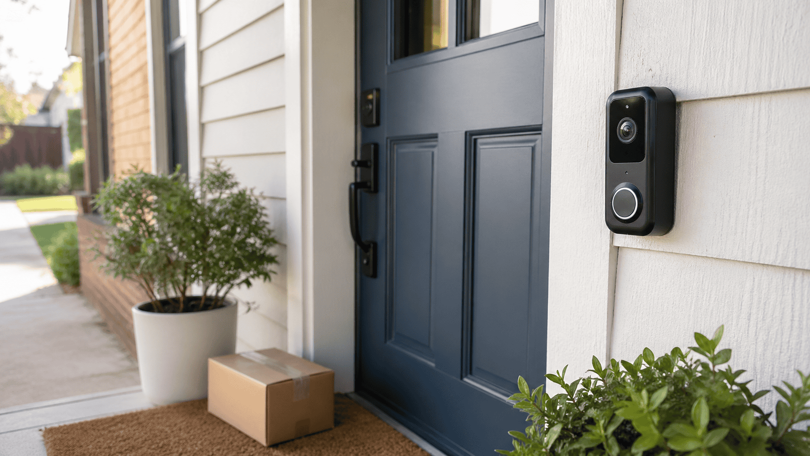 Budget-friendly video doorbell mounted beside a front door with a package on the doormat and plants near the entryway.