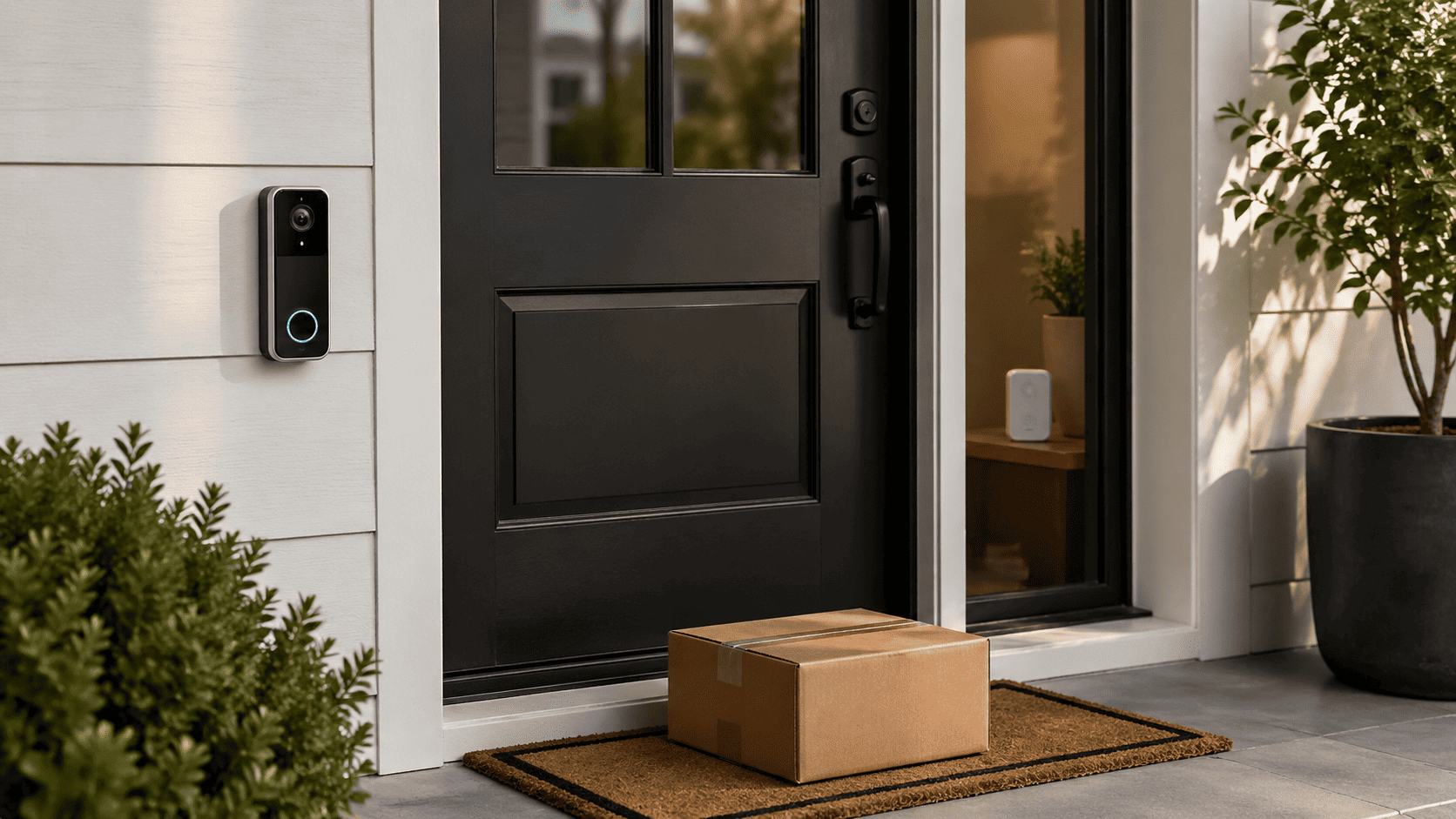 Smart video doorbell mounted beside a modern front door with a package on the mat and a local storage hub visible inside.