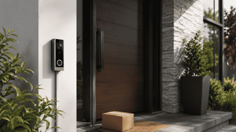 Wired video doorbell installed beside a modern front door with visible power conduit, package on the mat, and landscaped entryway.