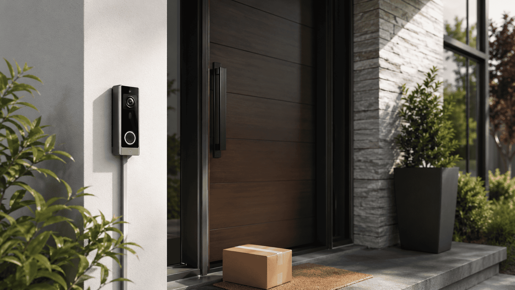 Wired video doorbell installed beside a modern front door with visible power conduit, package on the mat, and landscaped entryway.