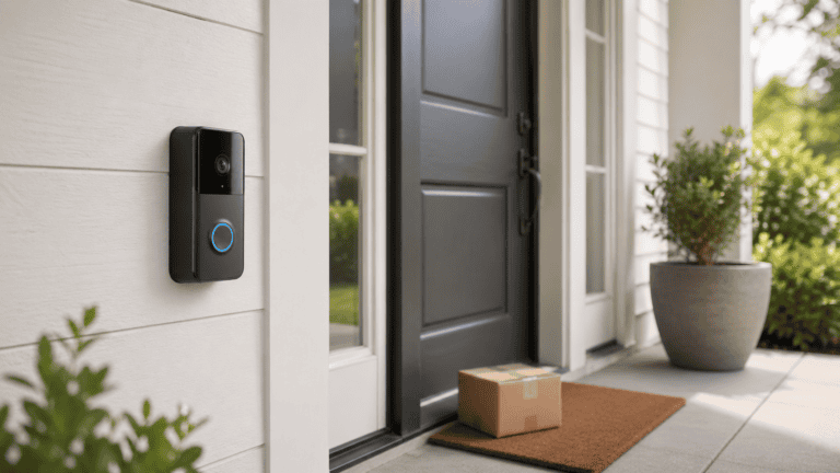 Wireless battery-powered video doorbell mounted beside a modern front door with a package on the doormat.