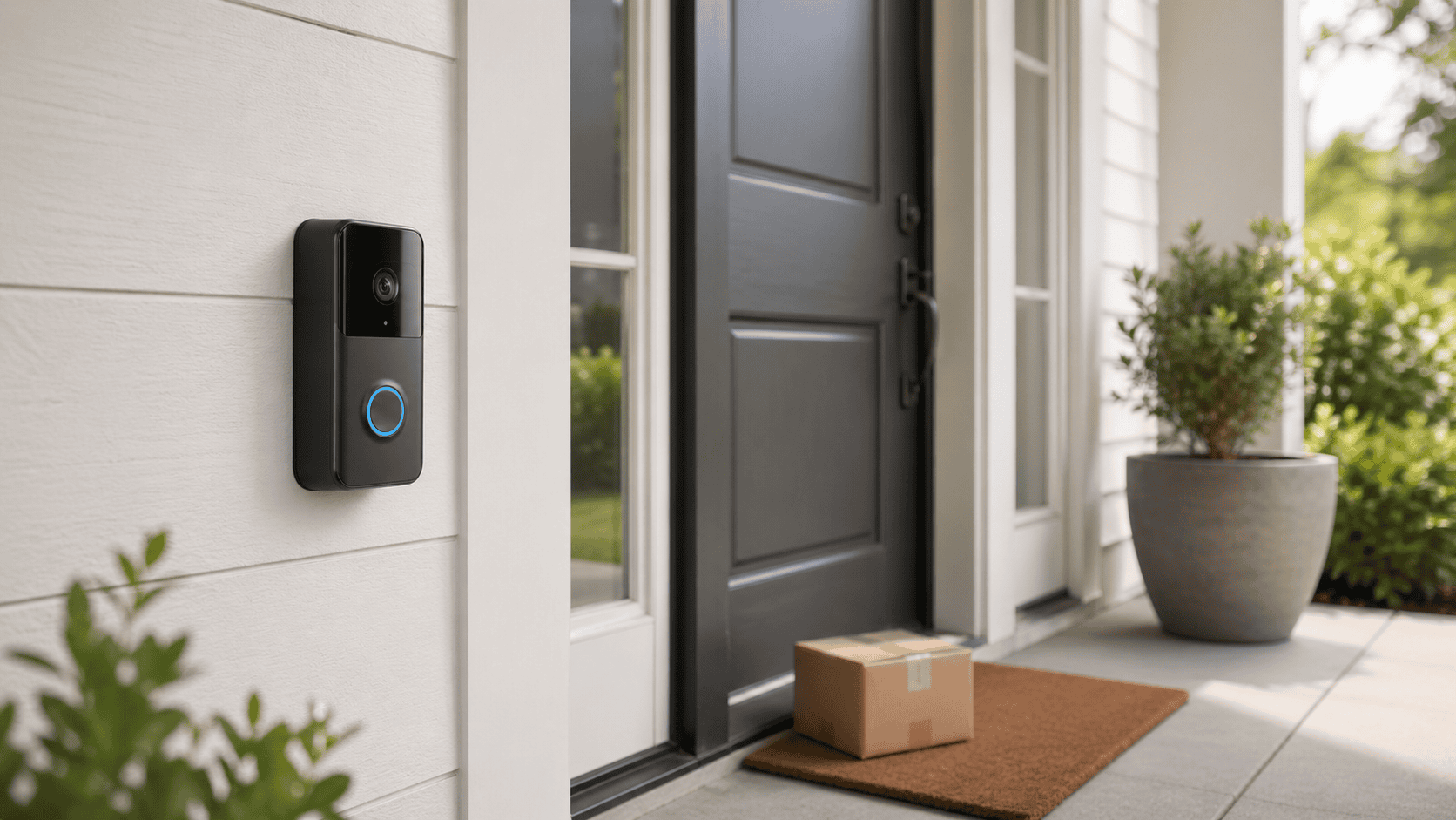 Wireless battery-powered video doorbell mounted beside a modern front door with a package on the doormat.