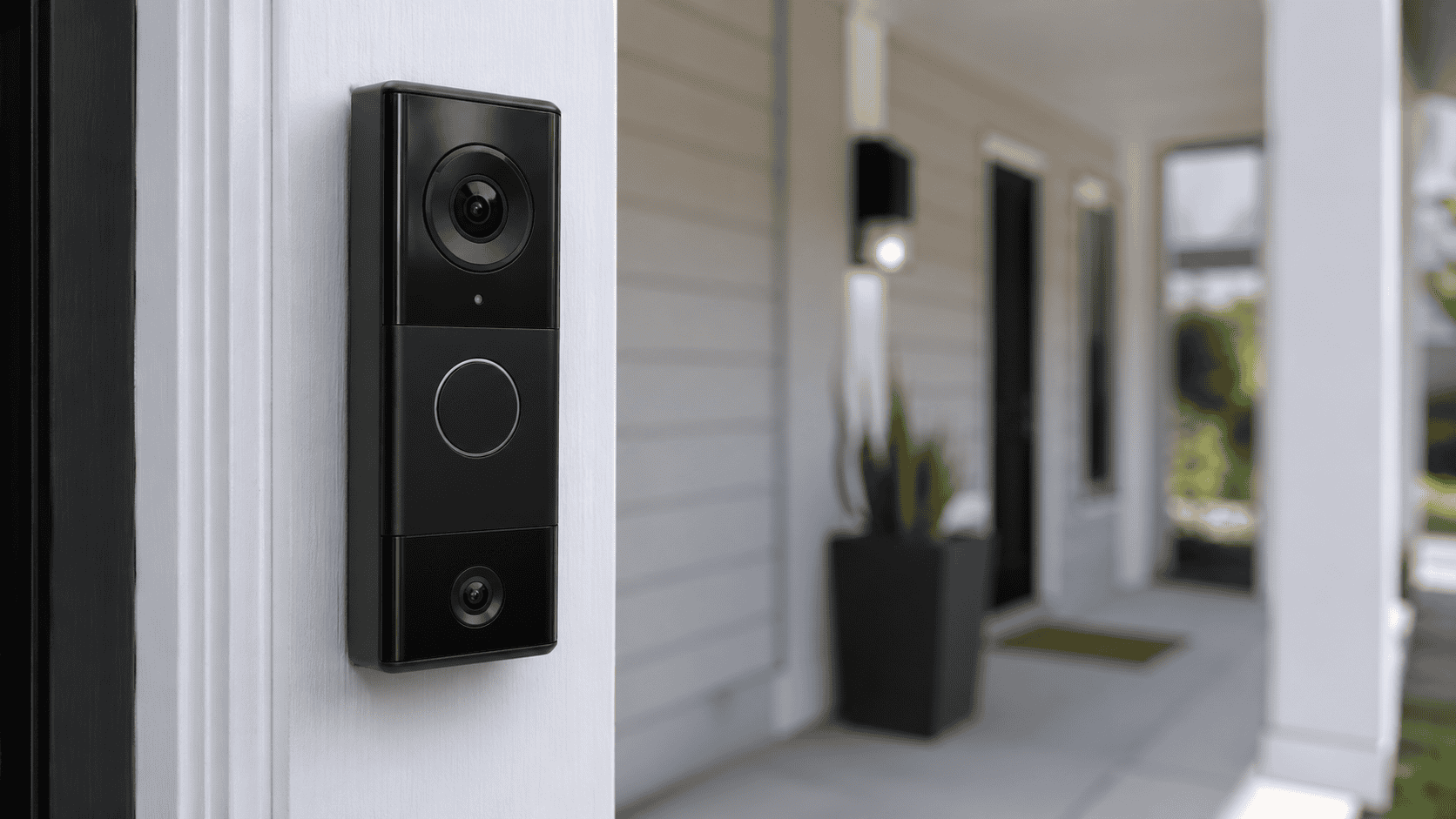 Matte black Eufy dual-camera video doorbell mounted on a clean white door frame with a softly blurred suburban front porch in the background.