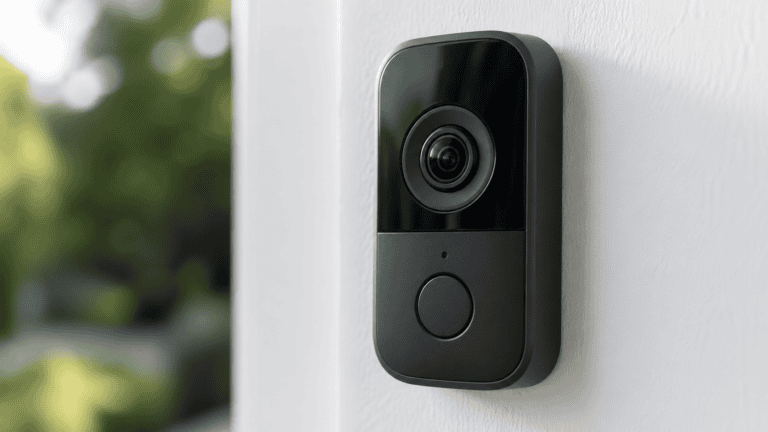 Close-up of a modern video doorbell lens mounted on a clean white wall with a soft blurred outdoor background.