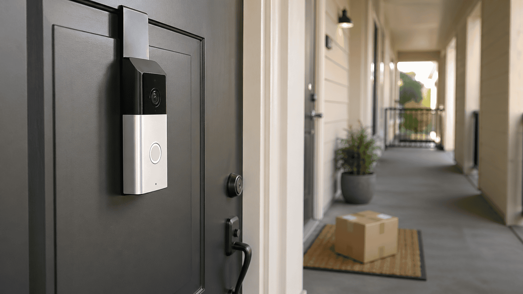 Battery-powered video doorbell mounted on an apartment door with a no-drill over-the-door bracket and a package on the mat.