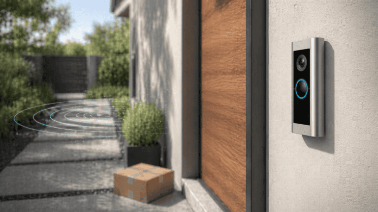 Ring Video Doorbell Pro 2 mounted beside a modern front door with a package on the doorstep and motion detection overlay.