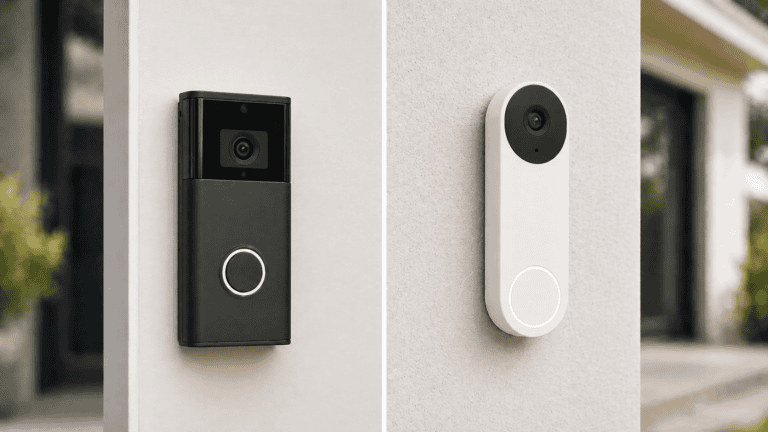Split comparison image showing a black Ring-style video doorbell on the left and a white Google Nest-style doorbell on the right.