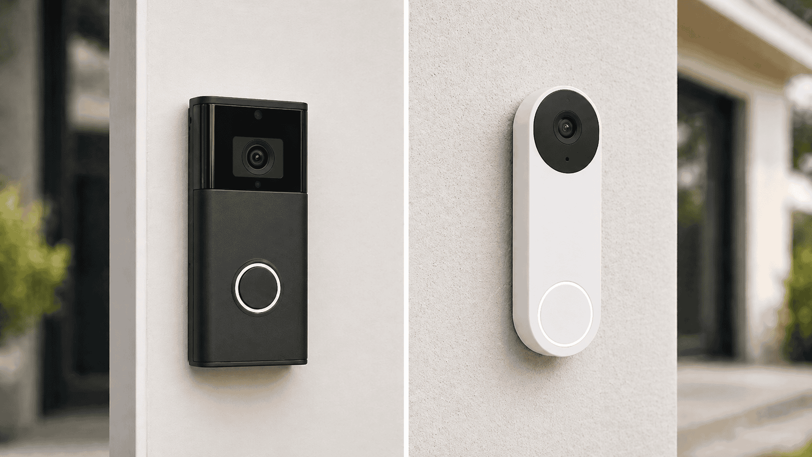 Split comparison image showing a black Ring-style video doorbell on the left and a white Google Nest-style doorbell on the right.