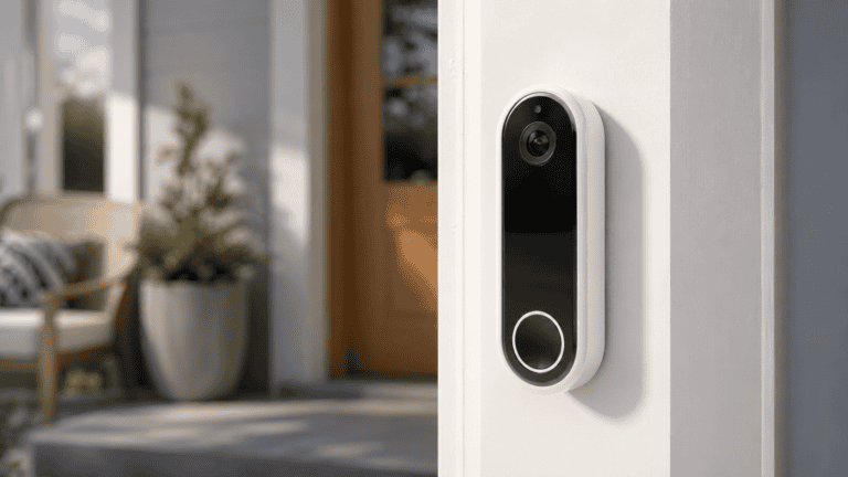 White Arlo video doorbell mounted on a clean white door frame with a softly blurred modern front porch in the background.