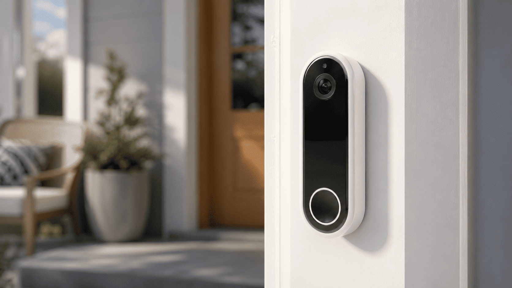White Arlo video doorbell mounted on a clean white door frame with a softly blurred modern front porch in the background.