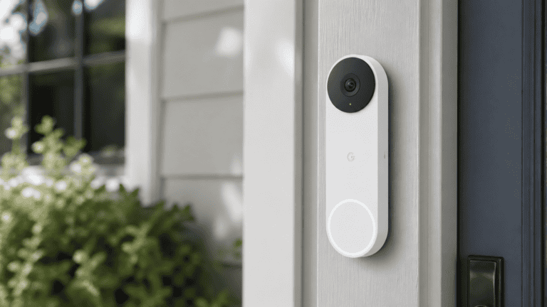 White Google Nest Doorbell mounted on a pale gray door frame beside a modern suburban front door.