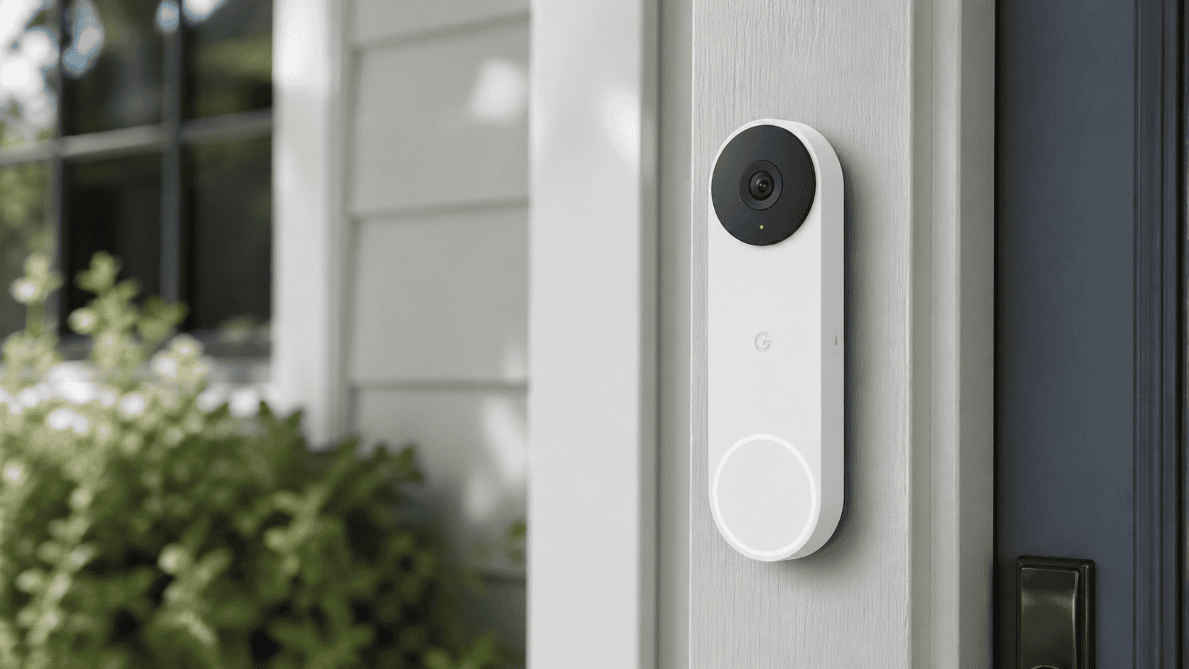 White Google Nest Doorbell mounted on a pale gray door frame beside a modern suburban front door.