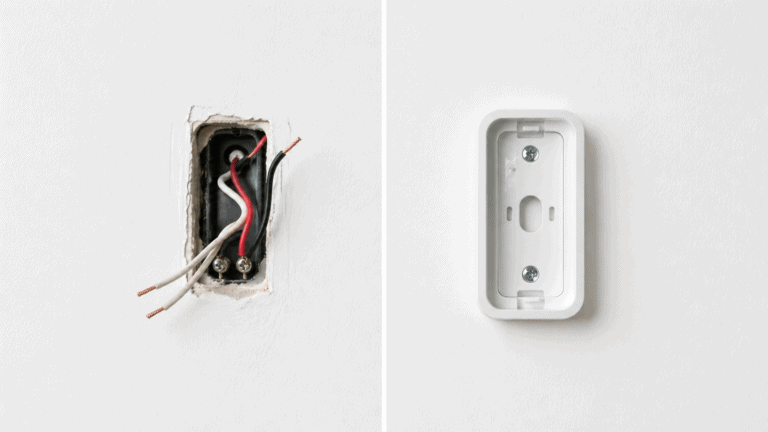 Split comparison of exposed low-voltage doorbell wiring and a clean wireless doorbell mount bracket on a white wall.