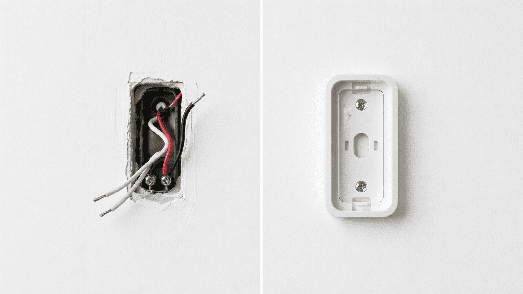 Split comparison of exposed low-voltage doorbell wiring and a clean wireless doorbell mount bracket on a white wall.